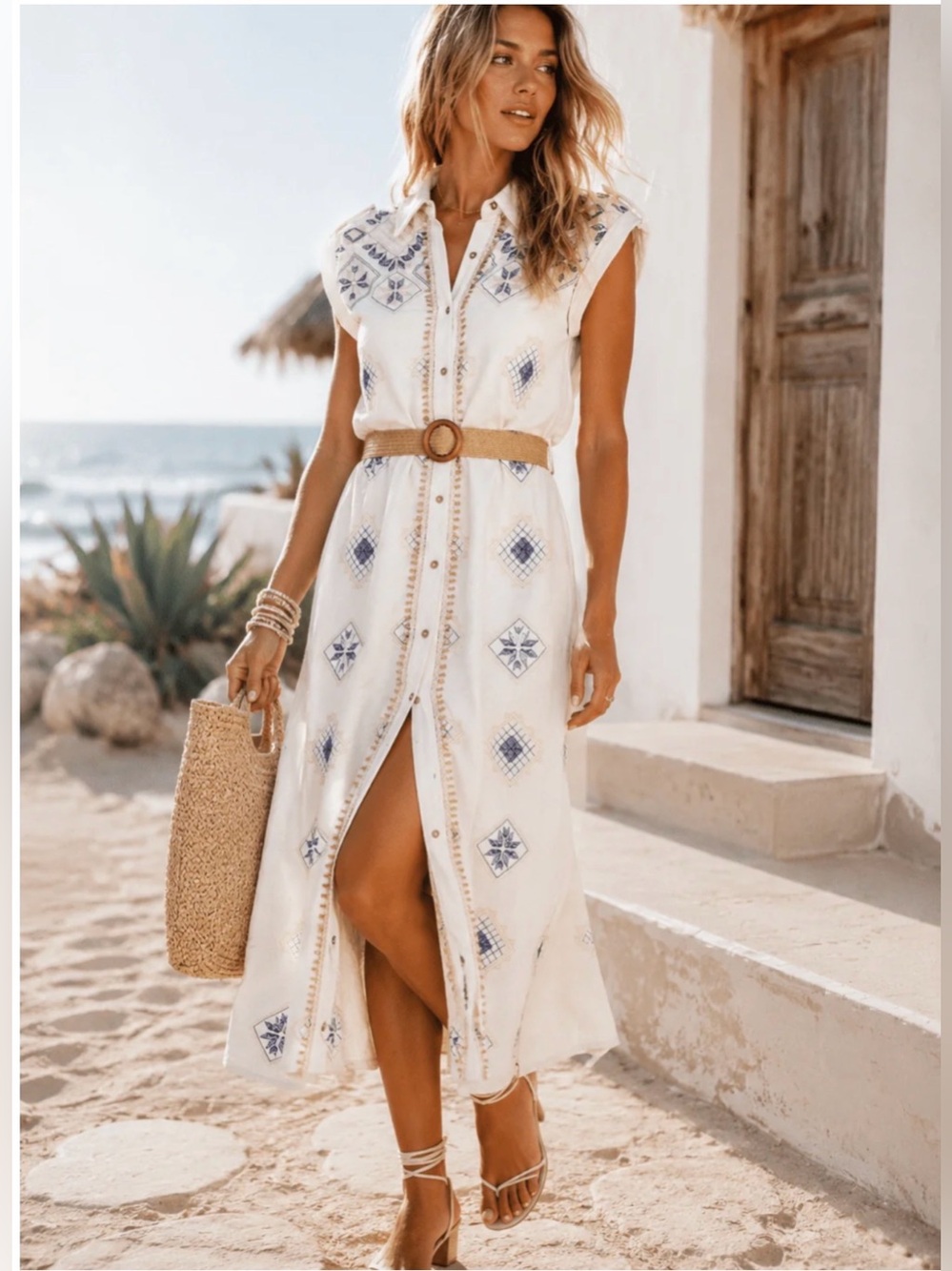 Sleeveless White Maxi Shirt Dress with Blue Embroidery - Picture 1 of 4